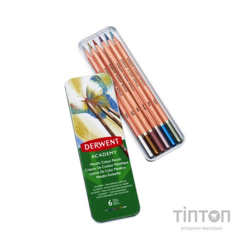Олівці кольорові Derwent ACADEMY METALLIC, 6 кол. у металевому пеналі (043100982005)