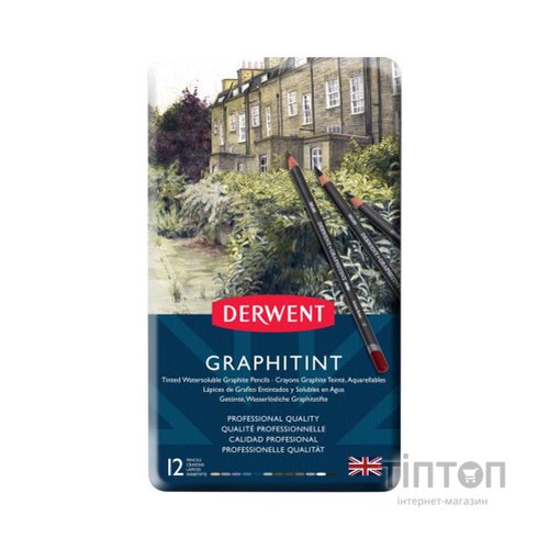 Олівці кольорові Derwent Graphitint акварельні графітні 12 шт, метал. коробці (5028252167406)