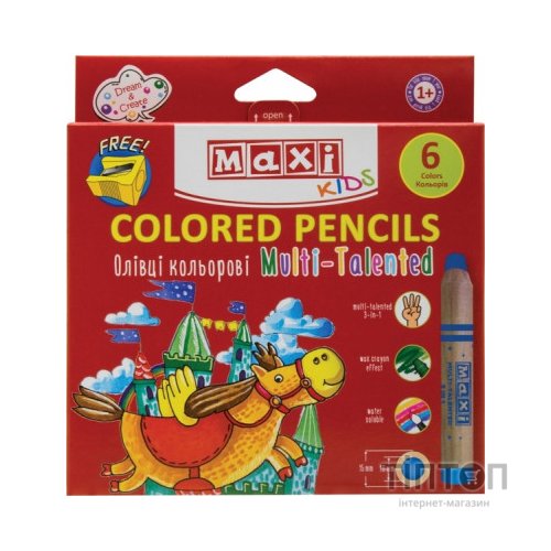 Олівці кольорові Maxi Multi-Talented 3 в 1, 6 кольорів з чинкою, круглі (MX15171)