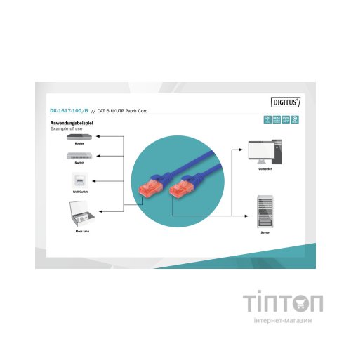 Патч-корд 10м, CAT 6 UTP, AWG 26/7, Cu, LSZH, blue Digitus (DK-1617-100/B)