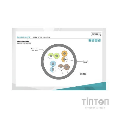 Патч-корд 10м, CAT 6 UTP, AWG 26/7, Cu, LSZH, blue Digitus (DK-1617-100/B)