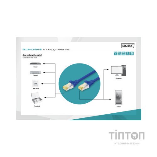Патч-корд 1м, CAT 6a S-FTP, AWG 26/7, Cu, LSZH, blue Digitus (DK-1644-A-010/B)