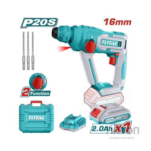 Перфоратор Total TRHLI201681 акумуляторний SDS-Plus, 20В, 2Ah, 850 об/хв, кейс (TRHLI201681)
