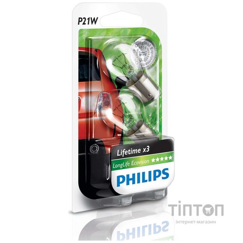 Автолампа PHILIPS P21W LongLife EcoVision, 2шт/бл. (12498LLECOB2)