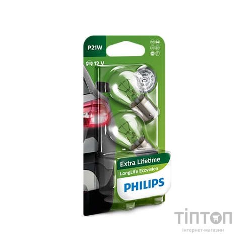Автолампа PHILIPS P21W LongLife EcoVision, 2шт/бл. (12498LLECOB2)