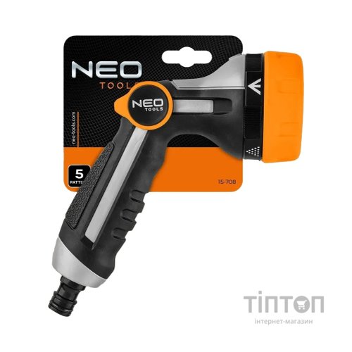 Пістолет для поливу Neo Tools пістолетний, , регулювання напору води, 5 функцій, металева сітка, 0.246кг (15-708)
