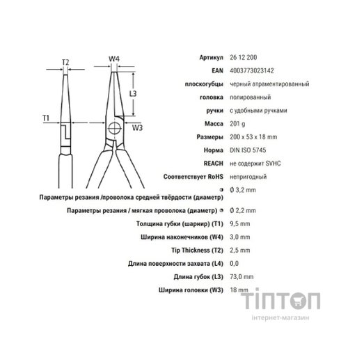 Плоскогубці KNIPEX круглогубці з ріжучими крайками 26 12 200 (26 12 200)