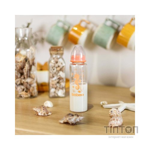Пляшечка для годування Baboo Скляна , антиколікова, 240 мл, 3+ міс (Sea Life / помаранчева) (3-118)