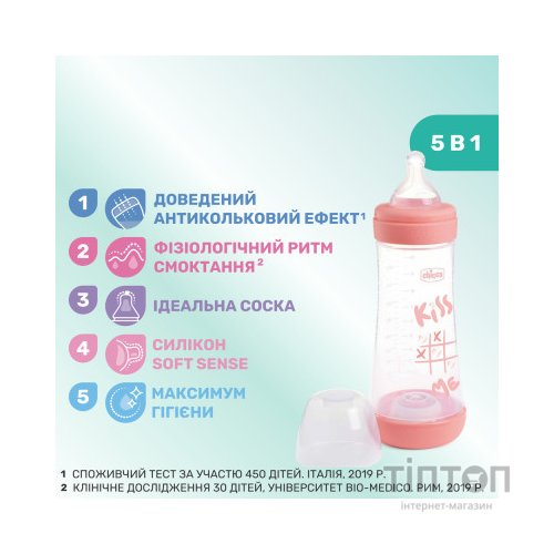 Пляшечка для годування Chicco Perfect 5 Love із силіконовою соскою 4+ міс. 300 мл Рожева (20235.11.40)