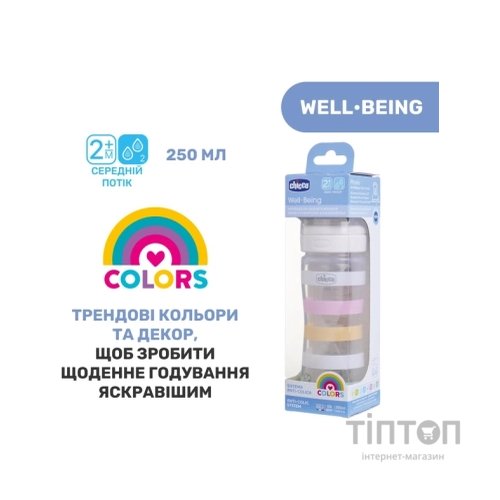 Пляшечка для годування Chicco Well-Being Colors з силіконовою соскою 2м+ 250 мл Рожева (28623.11)