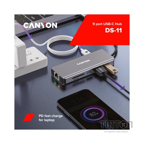 Порт-реплікатор Canyon DS-11, 9 in 1 USB-C hub, HDMI, Gigabit Ethernet, Type-C PD/100W (CNS-TDS11)
