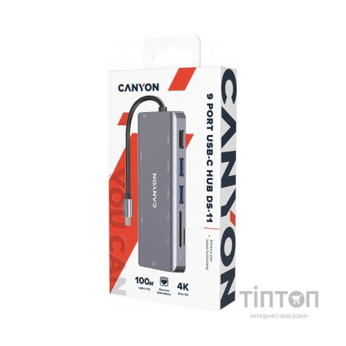 Порт-реплікатор Canyon DS-11, 9 in 1 USB-C hub, HDMI, Gigabit Ethernet, Type-C PD/100W (CNS-TDS11)