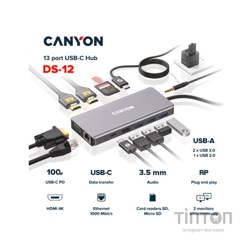 Порт-реплікатор Canyon DS-12, 13 in 1 USB-C hub, 2*HDMI, Gigabit Ethernet, VGA, 3*USB3.0, PD/100W, 3.5mm audio jack (CNS-TDS12)