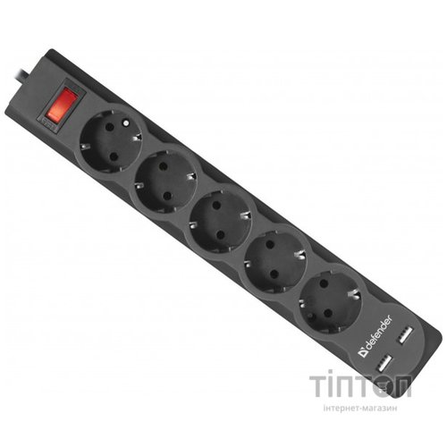 Мережевий фільтр Defender DFS 753 3 м, 5 розеток, 2xUSB, 2.1A (99753)