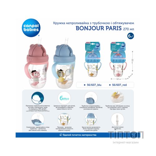 Поїльник-непроливайка Canpol babies Bonjour Paris з трубочкою і обтяжувачем 270 мл Червона (56/607_red)