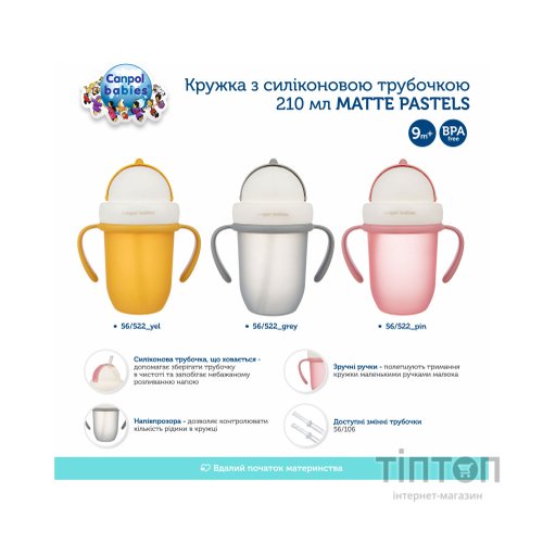 Поїльник-непроливайка Canpol babies Matte Pastels із силіконовою трубочкою 210 мл Рожевий (56/522_pin)