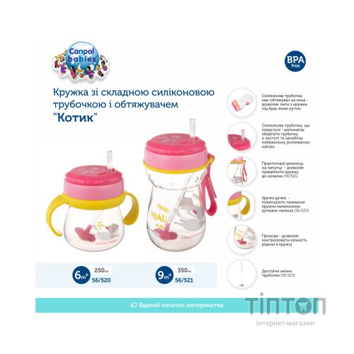 Поїльник-непроливайка Canpol babies зі складаною силікон. трубочкою 350 мл Котик Рожевий (56/521)