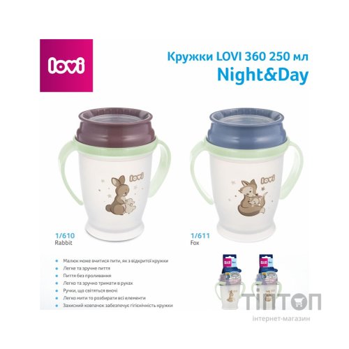 Поїльник-непроливайка Lovi 360 250 мл Night&Day Fox (1/611)