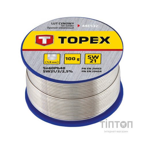 Припій для пайки Topex олов'яний 60%Sn, дрiт 1.5 мм,100 г (44E532)