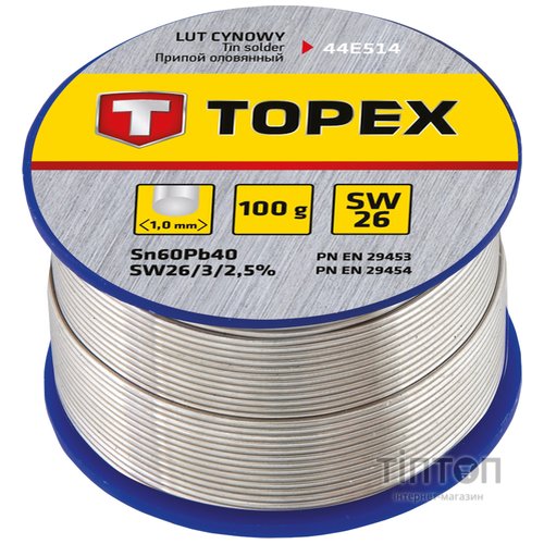 Припій для пайки Topex олов'яний 60%Sn, дрiт 1.0 мм,100 г (44E514)