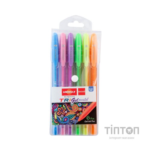 Ручка гелева Unimax набір Trigel Pastel, асорті пастельних кольорів 0.8 мм, 6 шт (UX-144)