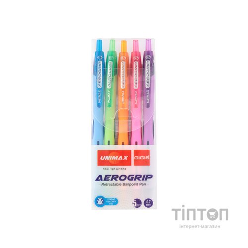 Ручка кулькова Unimax автоматична Aerogrip-3, набір 5 кольорів (асорті) (UX-140-20)