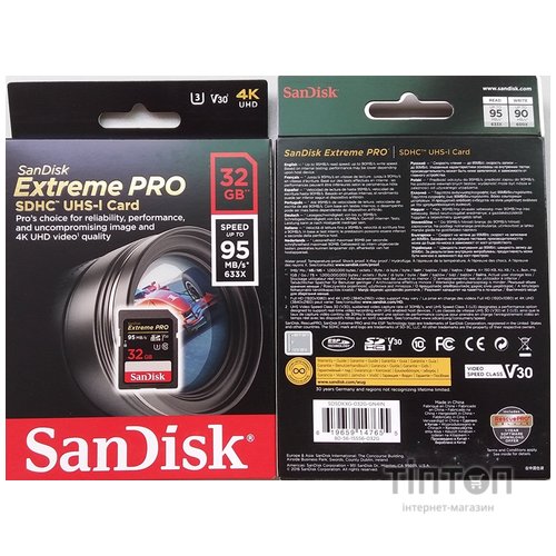 SD SanDisk 32GB V30 UHS-I U3 R95/W90MB/s 4K Extreme Pro Class 10