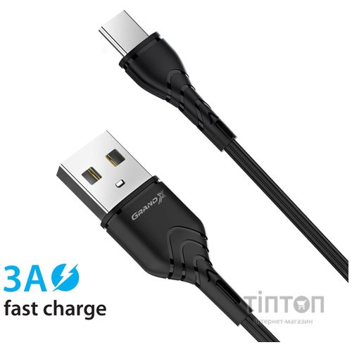 Зарядний пристрій Grand-X CH-03T USB 5V 2,1A Black + cable USB -> Type C, Cu, 4A, TPE (CH-03T)