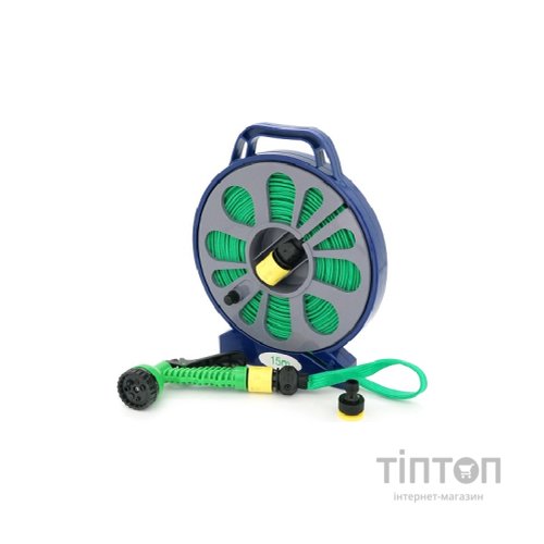 Шланг для поливу Voltronic на котушці 15м + розпилювач, насадка на кран, Green, Box (YT42173)