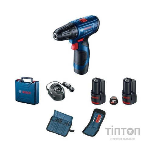 Шуруповерт Bosch GSR 120-LI, 2х2Ач, набір біт 11од і свердел 12од. (0.601.9G8.002)