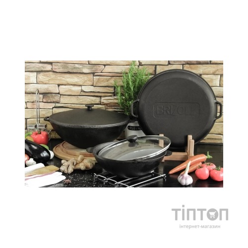 Сковорода Brizoll чавунна WOK з чавунною кришкою 3,7 л 280х96 мм (W28-1)