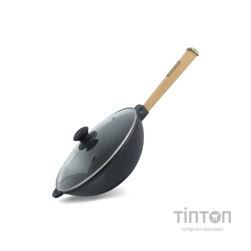 Сковорода Brizoll чавунна WOK з дерев'яною ручкою та скляною кришкою 2,2 л 240х70 мм (W24H-6)