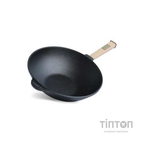 Сковорода Brizoll чавунна WOK з дерев'яною ручкою та скляною кришкою 2,2 л 240х70 мм (W24H-6)