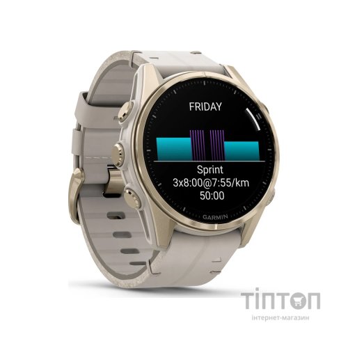 Смарт-годинник Garmin fenix 8 43mm, AMOLED, Saph, SftGldSS/FogGryLeatherBnd, Excl, GPS (010-02903-40)