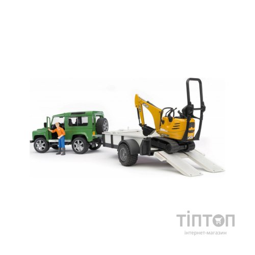 Спецтехніка Bruder автомобіль Land Rover Defender з причіпом, міні-екскаватором CAT та фігуркою (02593)
