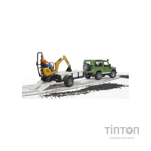 Спецтехніка Bruder автомобіль Land Rover Defender з причіпом, міні-екскаватором CAT та фігуркою (02593)