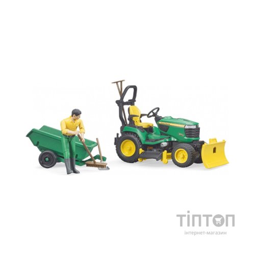 Спецтехніка Bruder садовий трактор John Deere з причіпом та фігуркою садівника (62104)