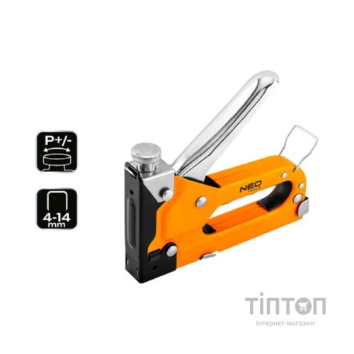 Степлер будівельний Neo Tools 4-14 мм, тип скоб J/53, регулювання забивання скоб (16-032)
