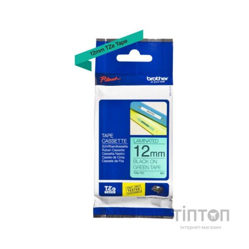 Стрічка для принтера етикеток Brother 12mm Laminated, black on green (TZE731)