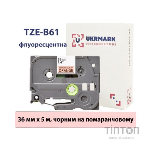 Стрічка для принтера етикеток UKRMARK B-Fc-TB61P-BK/OR, аналог TZeB61, флуорисцентна, 36мм х 8м, black on orange (900539)