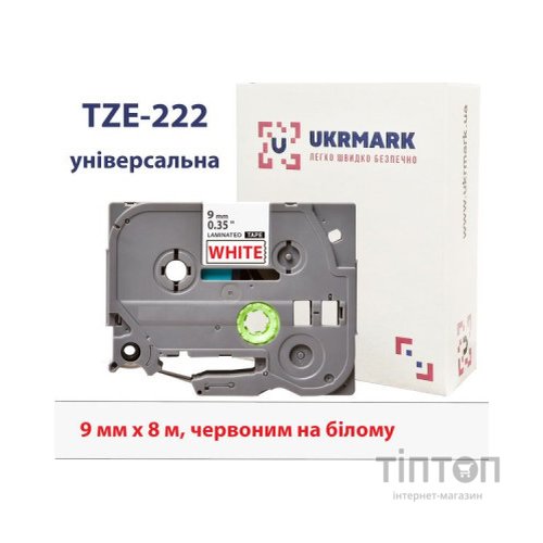 Стрічка для принтера етикеток UKRMARK B-T222P, ламінована, 9мм х 8м, red on white, аналог TZe222 (900553)