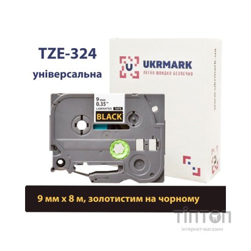 Стрічка для принтера етикеток UKRMARK B-T324P, ламінована, 9мм х 8м, gold on black аналог TZe324 (900554)