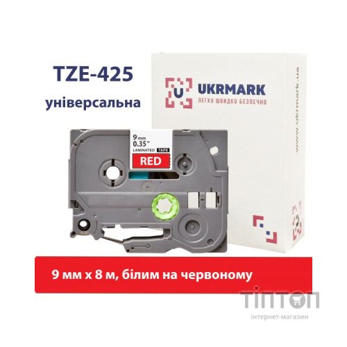 Стрічка для принтера етикеток UKRMARK B-T425P, ламінована, 9мм х 8м, white on red, аналог TZe425 (900555)