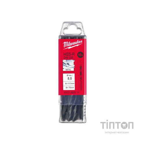 Свердло Milwaukee по металу HSS-R DIN338, 8,0мм, 10шт (4932363514)