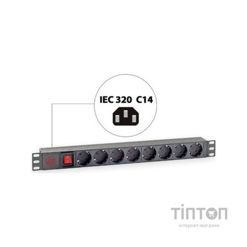 Силовий блок 19" 1U 8xSchuko, вимикач, С14 Kingda (KD-PDU-GM-1U-P8-C14)
