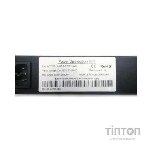 Силовий блок Eserver 19" 8 розеток, выкл., алюм. корпус PDU 220В, 16А (WT-2261A-GER-8WAY-WO)