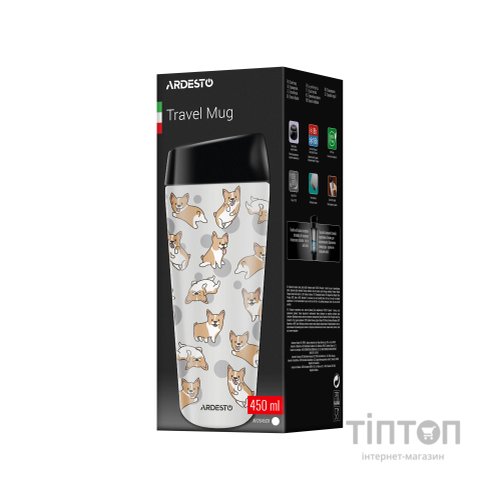 Термокружка Ardesto Coffee Time Animals Corgi 450мл, нержавіюча сталь, сірий (AR2645CR)