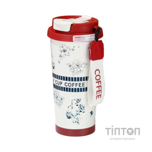 Термокружка Merlion TermCoffee 500 мл з трубочкою, біла з червоним та сірим (TermCoffee-500WRG)