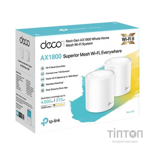 Точка доступу Wi-Fi TP-Link DECO X20 2PK AX1800 1xGE LAN 1xGE WAN MU-MIMO OFDMA MESH (DECO-X20-2-PACK)