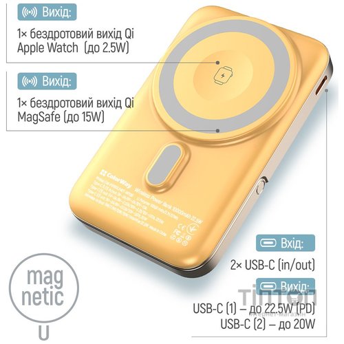 Батарея універсальна ColorWay 10 000 mAh PD/22.5W, 15W MagSafe & Watch Wireless Amber (CW-PB100LPA2Y-WPDD)